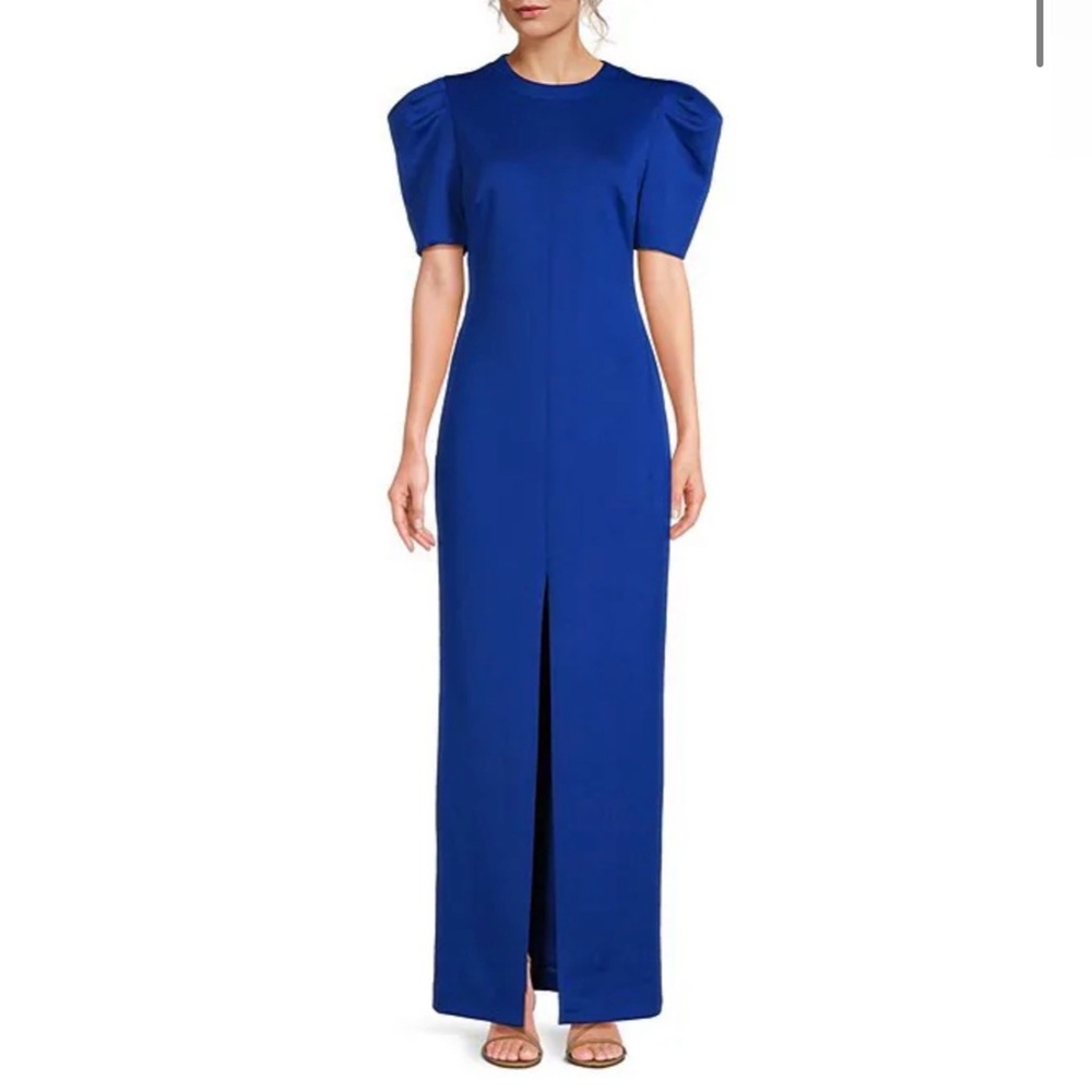 Belle by Badgley Mischka Puff Sleeve Front Slit Sheath Maxi Dress